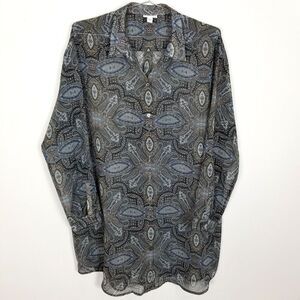 J. Jill Women Blue & Gold Paisley Sheer Button Down Long Top Tunic Size‎ XL